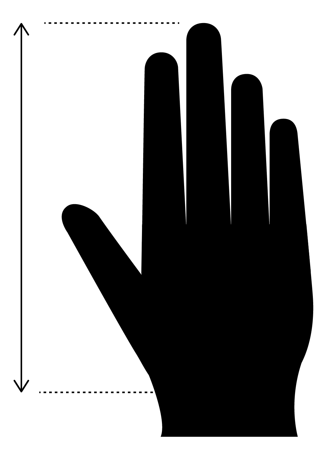 Measure from top of middle finger to base of hand